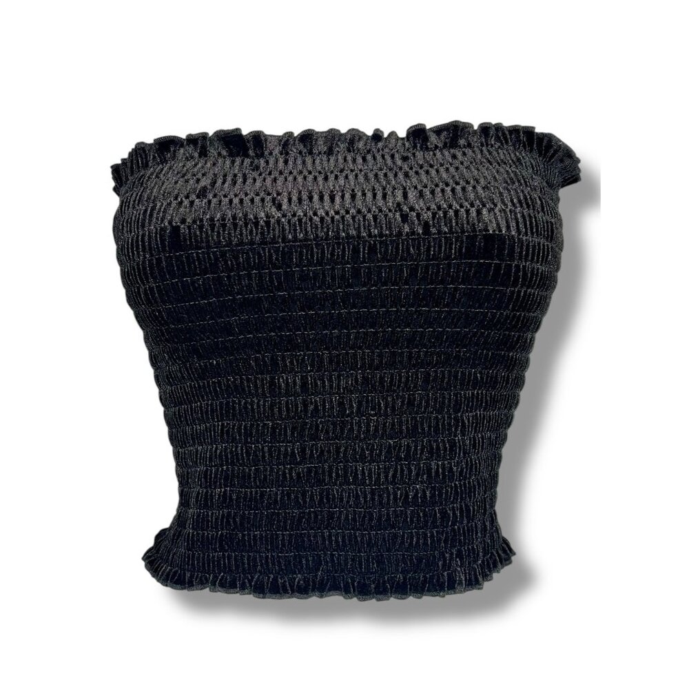 Black Velvet Smocked Strapless Tube Top Elastic Stretch Festival Goth